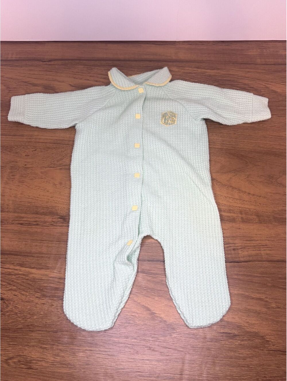Vintage Baby Waffle Knit Footed One-Piece Light green with Yellow Trim Small